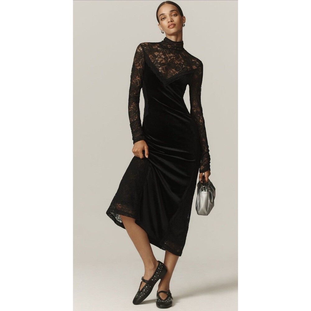 Anthropologie Slip Midi Dress Black Mock Neck Lace Velvet Boho Retro Small P NWT